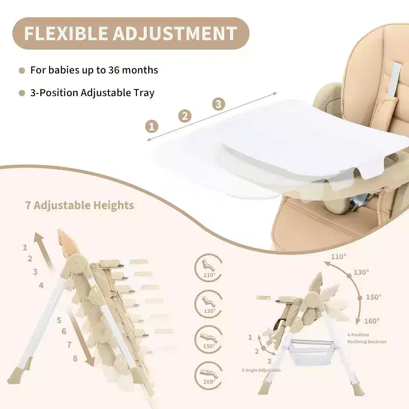 Space-Saving Foldable Baby High Chair - 7-Seat Height, 5-Point Harness, Adjustable Footrest & PU Cushion (6-36M)