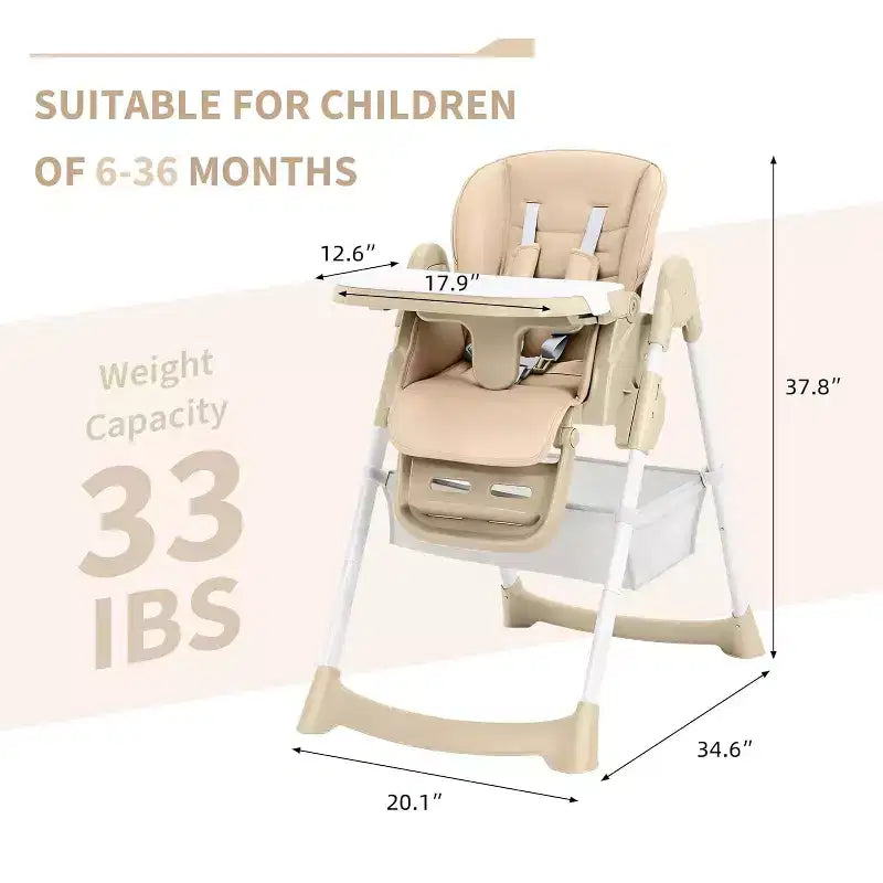 Space-Saving Foldable Baby High Chair - 7-Seat Height, 5-Point Harness, Adjustable Footrest & PU Cushion (6-36M)