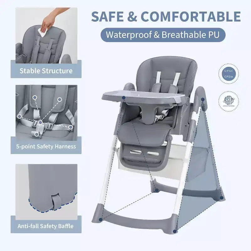 Space-Saving Foldable Baby High Chair - 7-Seat Height, 5-Point Harness, Adjustable Footrest & PU Cushion (6-36M)