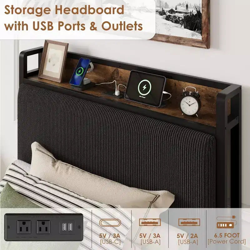 Twin Size Wood Platform Bed Frame with Headboard and 2 Storage Drawers, No Box Spring Needed, for Kids, Teens or Adults