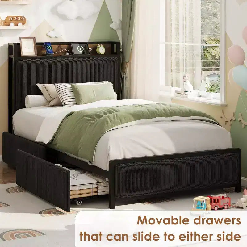 Twin Size Wood Platform Bed Frame with Headboard and 2 Storage Drawers, No Box Spring Needed, for Kids, Teens or Adults