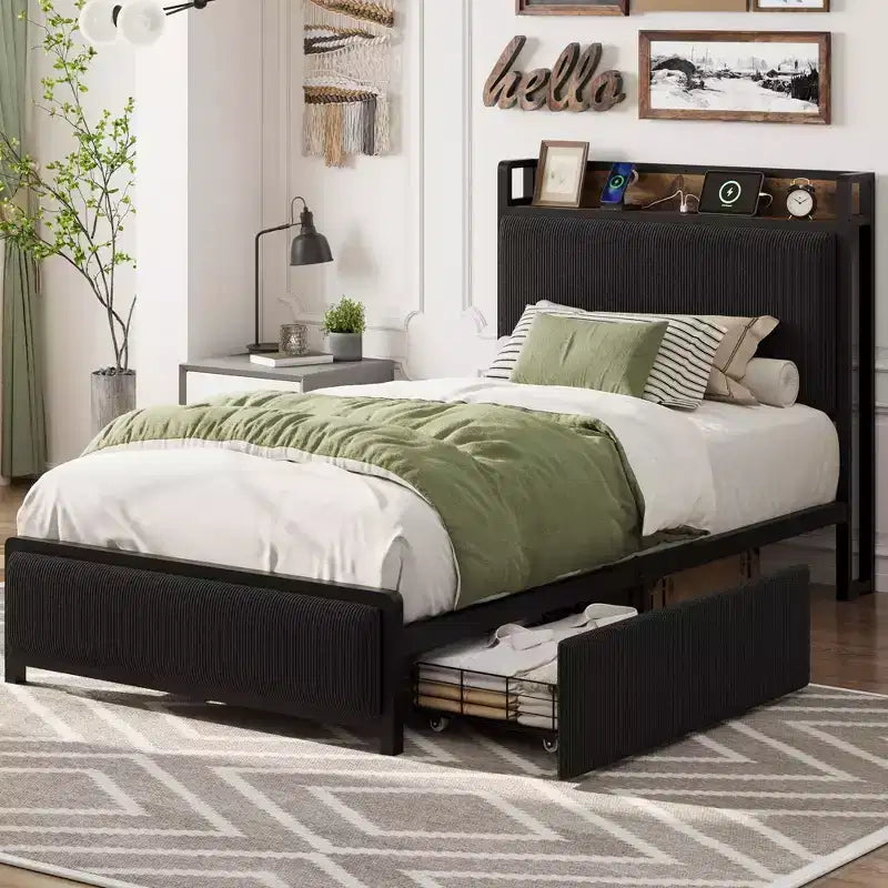 Twin Size Wood Platform Bed Frame with Headboard and 2 Storage Drawers, No Box Spring Needed, for Kids, Teens or Adults