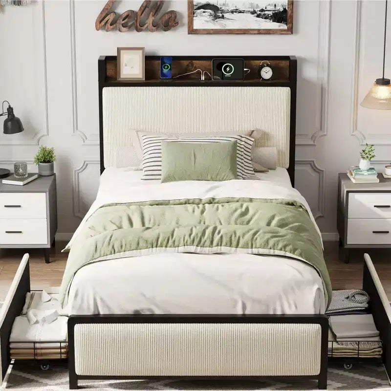 Twin Size Wood Platform Bed Frame with Headboard and 2 Storage Drawers, No Box Spring Needed, for Kids, Teens or Adults