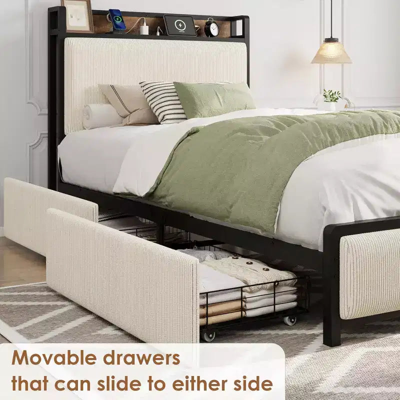 Twin Size Wood Platform Bed Frame with Headboard and 2 Storage Drawers, No Box Spring Needed, for Kids, Teens or Adults