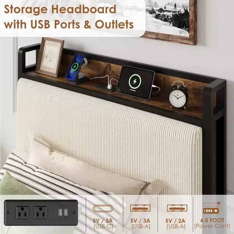 Twin Size Wood Platform Bed Frame with Headboard and 2 Storage Drawers, No Box Spring Needed, for Kids, Teens or Adults