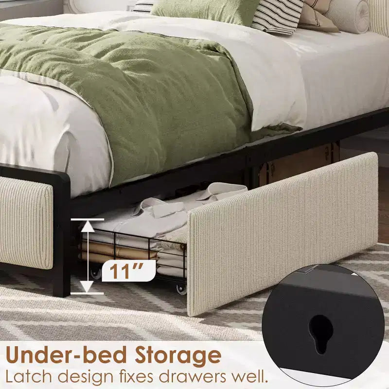 Twin Size Wood Platform Bed Frame with Headboard and 2 Storage Drawers, No Box Spring Needed, for Kids, Teens or Adults