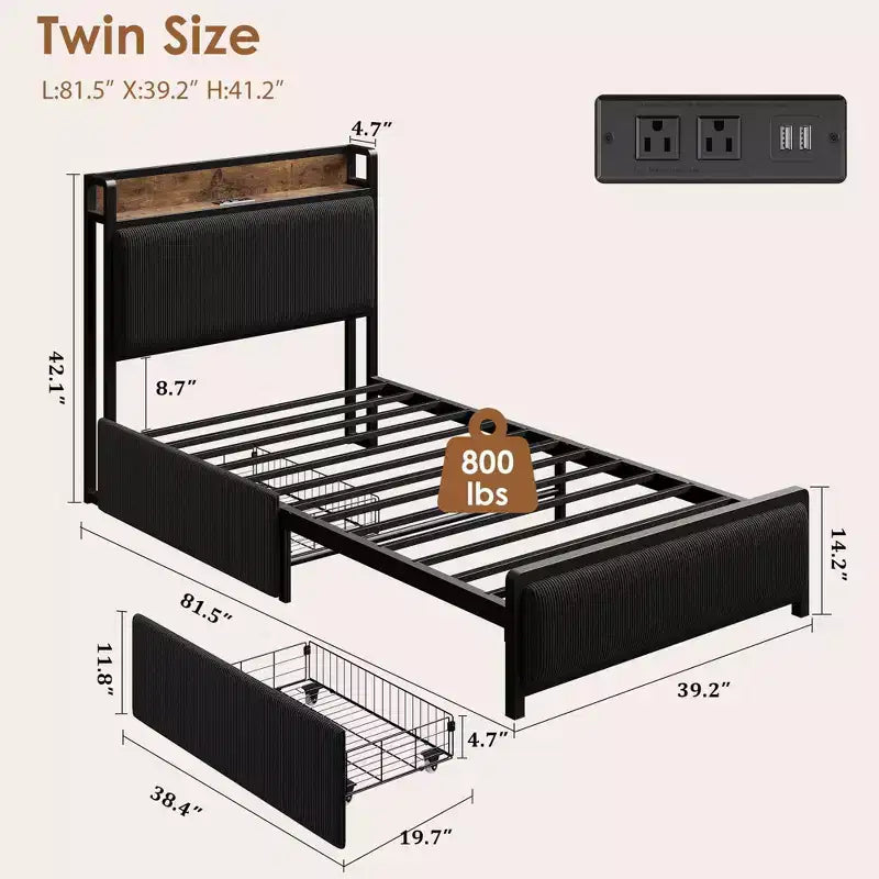 Twin Size Wood Platform Bed Frame with Headboard and 2 Storage Drawers, No Box Spring Needed, for Kids, Teens or Adults