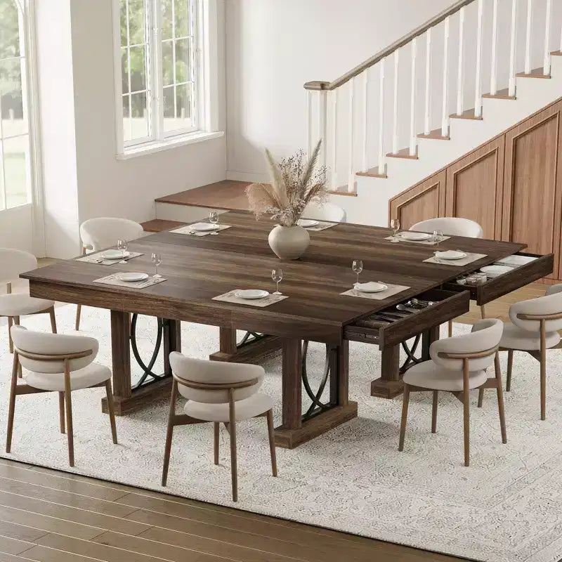 Dining Table for 6-8 with 2 Drawers, Wooden Kitchen Table with Double Pedestal & Large Tabletop, 8 Ft Large Rectangular Dinner Table with Sturdy Frame