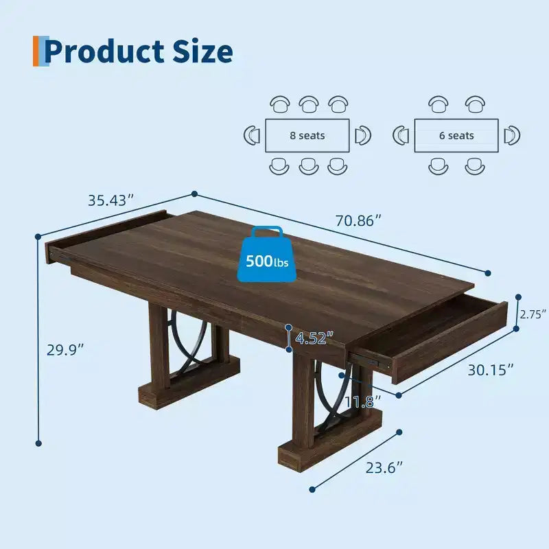 Dining Table for 6-8 with 2 Drawers, Wooden Kitchen Table with Double Pedestal & Large Tabletop, 8 Ft Large Rectangular Dinner Table with Sturdy Frame