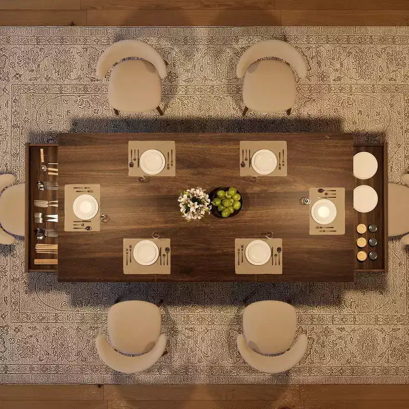 Dining Table for 6-8 with 2 Drawers, Wooden Kitchen Table with Double Pedestal & Large Tabletop, 8 Ft Large Rectangular Dinner Table with Sturdy Frame