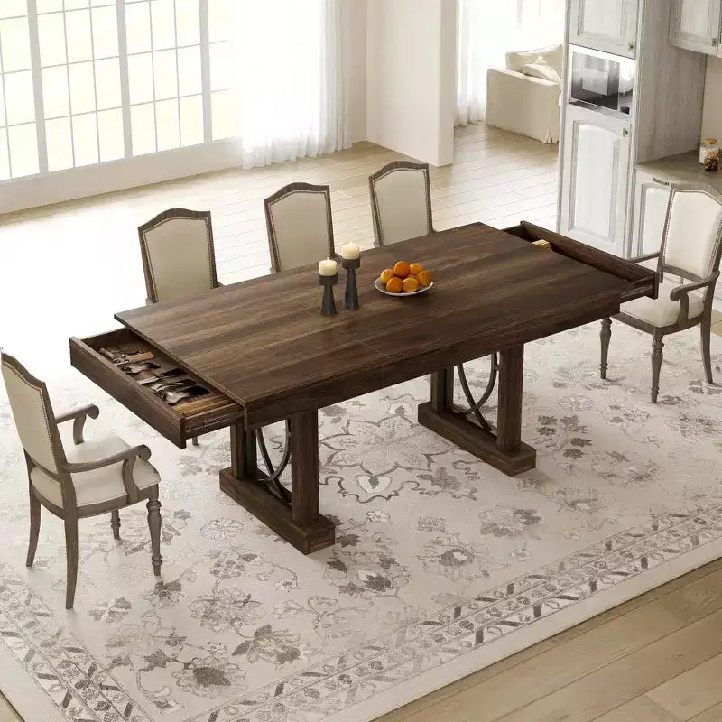 Dining Table for 6-8 with 2 Drawers, Wooden Kitchen Table with Double Pedestal & Large Tabletop, 8 Ft Large Rectangular Dinner Table with Sturdy Frame
