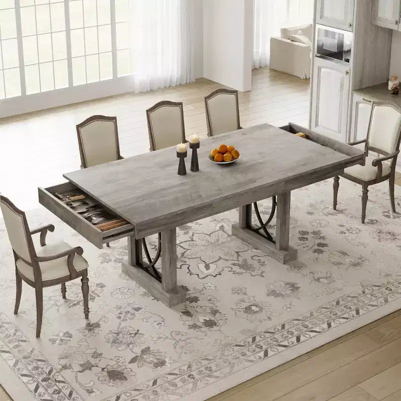 Dining Table for 6-8 with 2 Drawers, Wooden Kitchen Table with Double Pedestal & Large Tabletop, 8 Ft Large Rectangular Dinner Table with Sturdy Frame