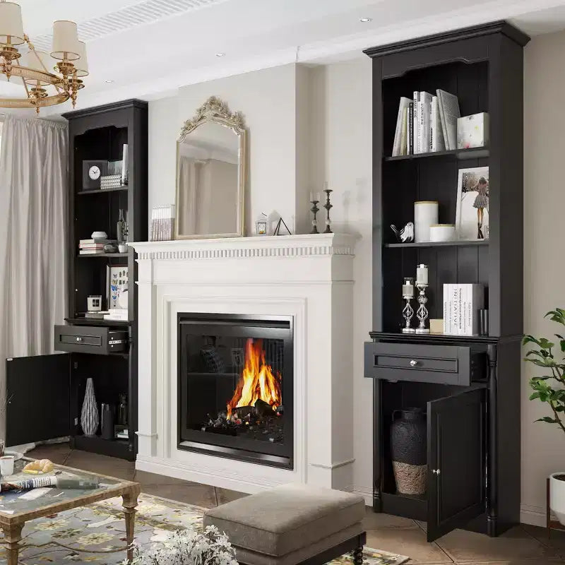 Famapy Stylish 82.3 Tall Storage Cabinet Set 2 Fireplace Side Display Cabinets Bookshelf Hutch with Open Shelves & Drawer for Living Room
