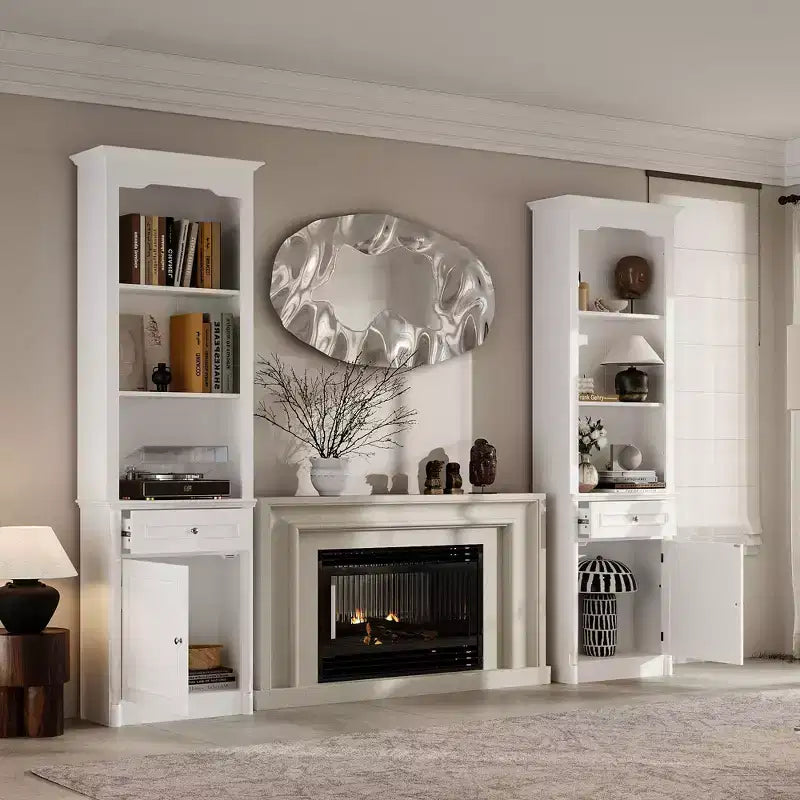 Famapy Stylish 82.3 Tall Storage Cabinet Set 2 Fireplace Side Display Cabinets Bookshelf Hutch with Open Shelves & Drawer for Living Room