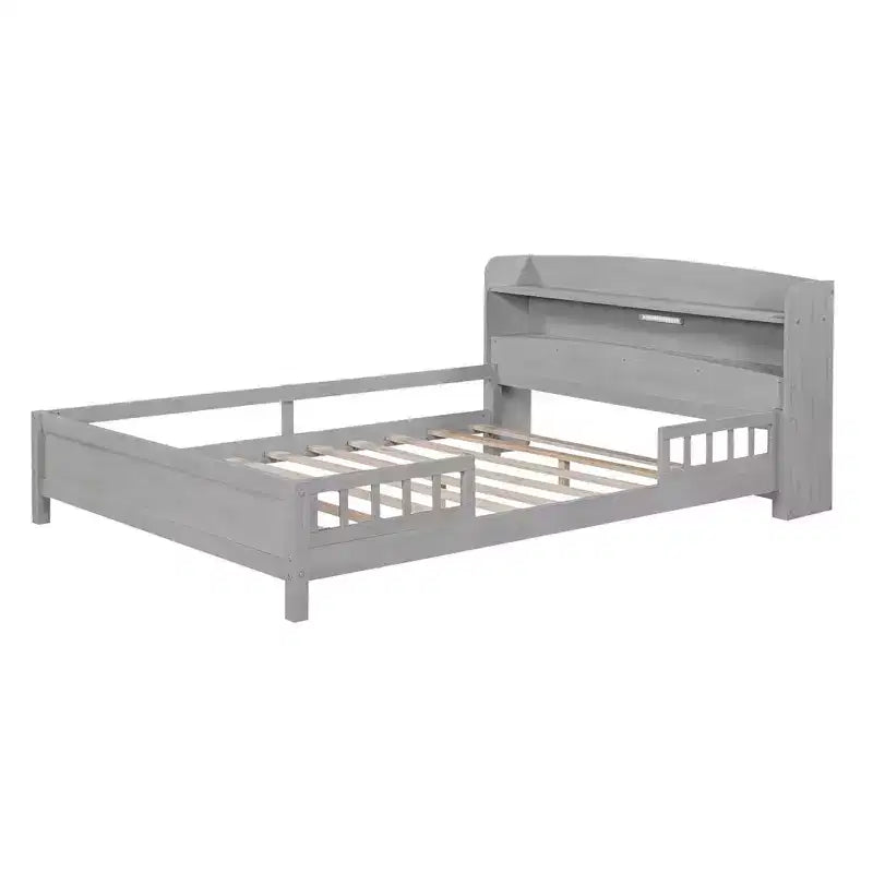 Full Size Platform Bed with Built-in LED Light and Storage Shelves Headboard, Guardrail Platform Bed Frame, No Box Spring Needed