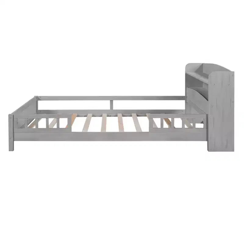 Full Size Platform Bed with Built-in LED Light and Storage Shelves Headboard, Guardrail Platform Bed Frame, No Box Spring Needed