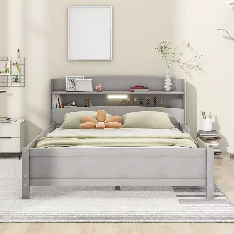 Full Size Platform Bed with Built-in LED Light and Storage Shelves Headboard, Guardrail Platform Bed Frame, No Box Spring Needed