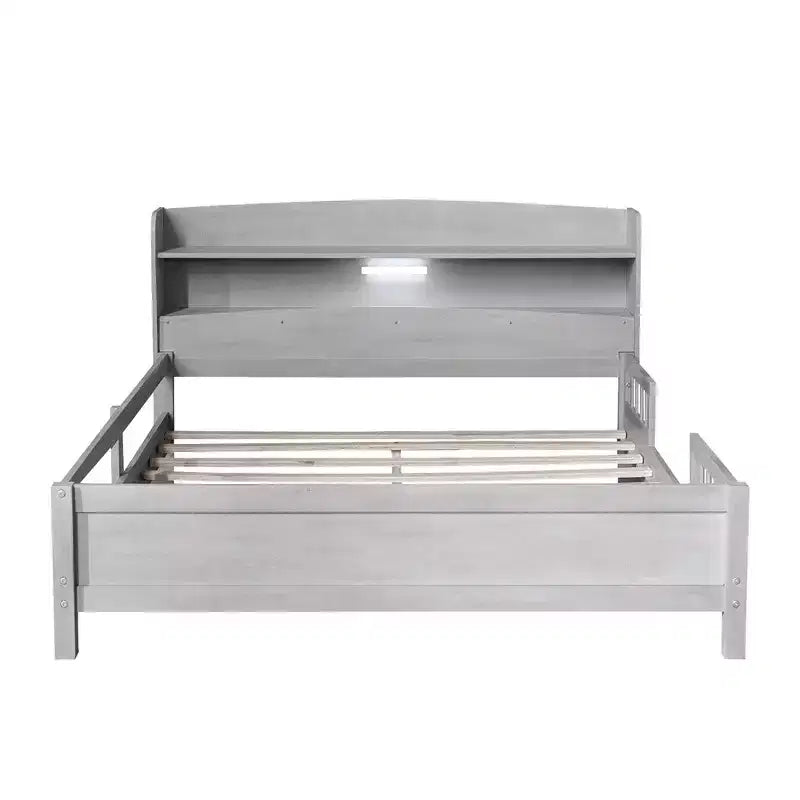 Full Size Platform Bed with Built-in LED Light and Storage Shelves Headboard, Guardrail Platform Bed Frame, No Box Spring Needed