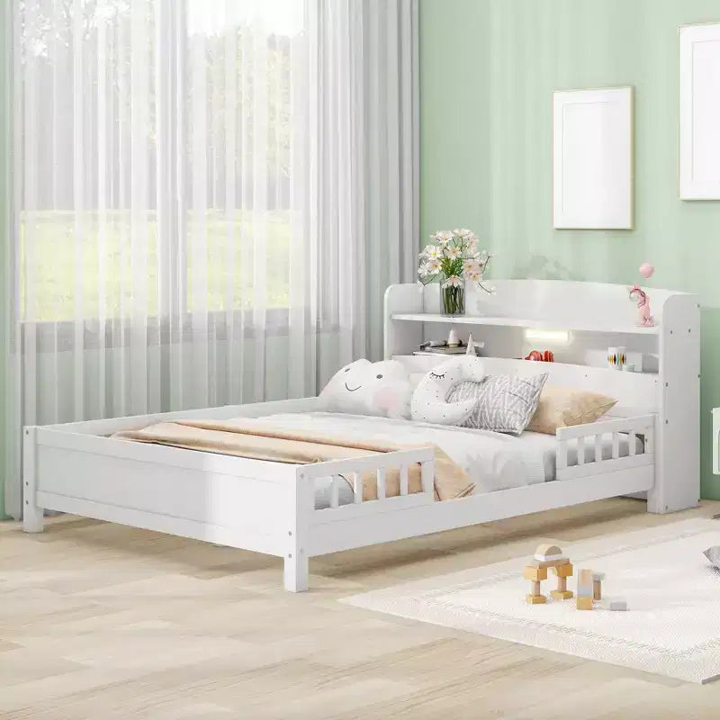 Full Size Platform Bed with Built-in LED Light and Storage Shelves Headboard, Guardrail Platform Bed Frame, No Box Spring Needed