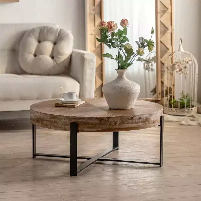 Round Coffee Table Modern Circle Coffee Table With Fir Wood Table Top Cross Legs Base