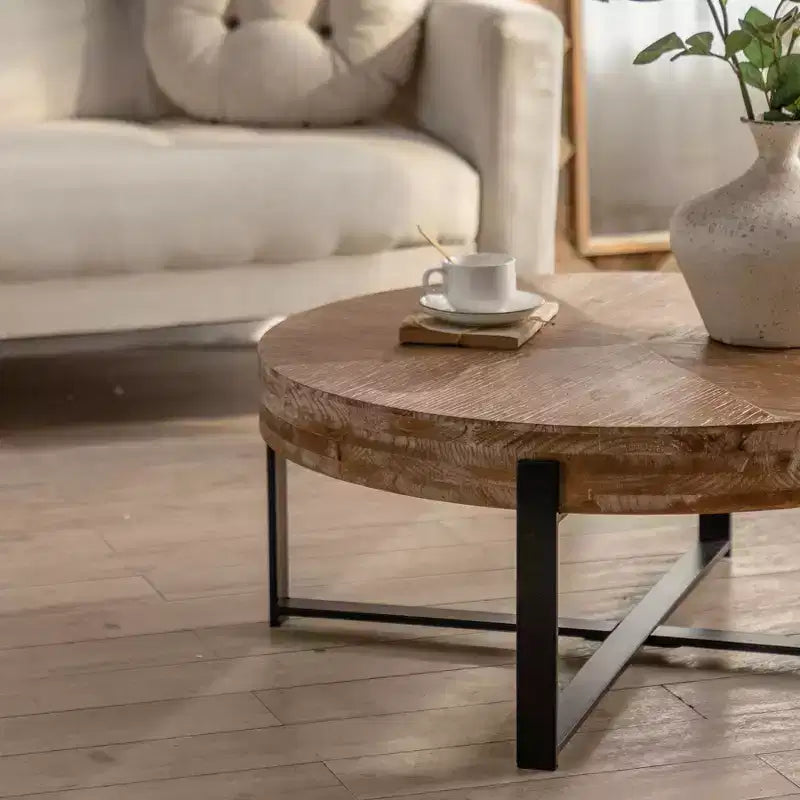 Round Coffee Table Modern Circle Coffee Table With Fir Wood Table Top Cross Legs Base
