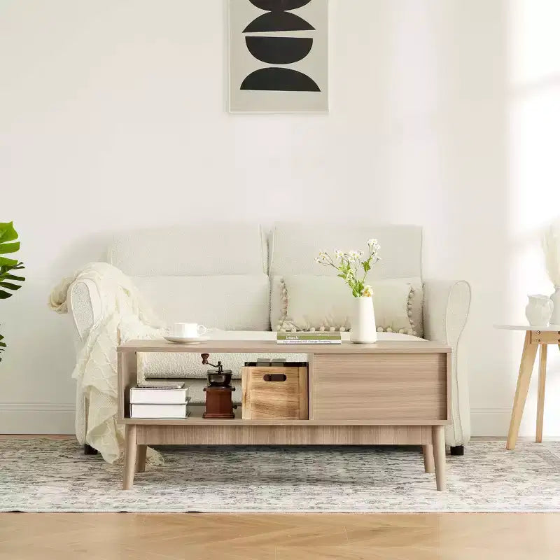 39.4 Coffee Table with Storage and Study Wood Legs, 2-Tier Rectangle Design for Living Room
