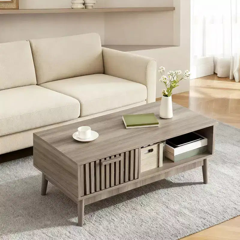 39.4 Coffee Table with Storage and Study Wood Legs, 2-Tier Rectangle Design for Living Room