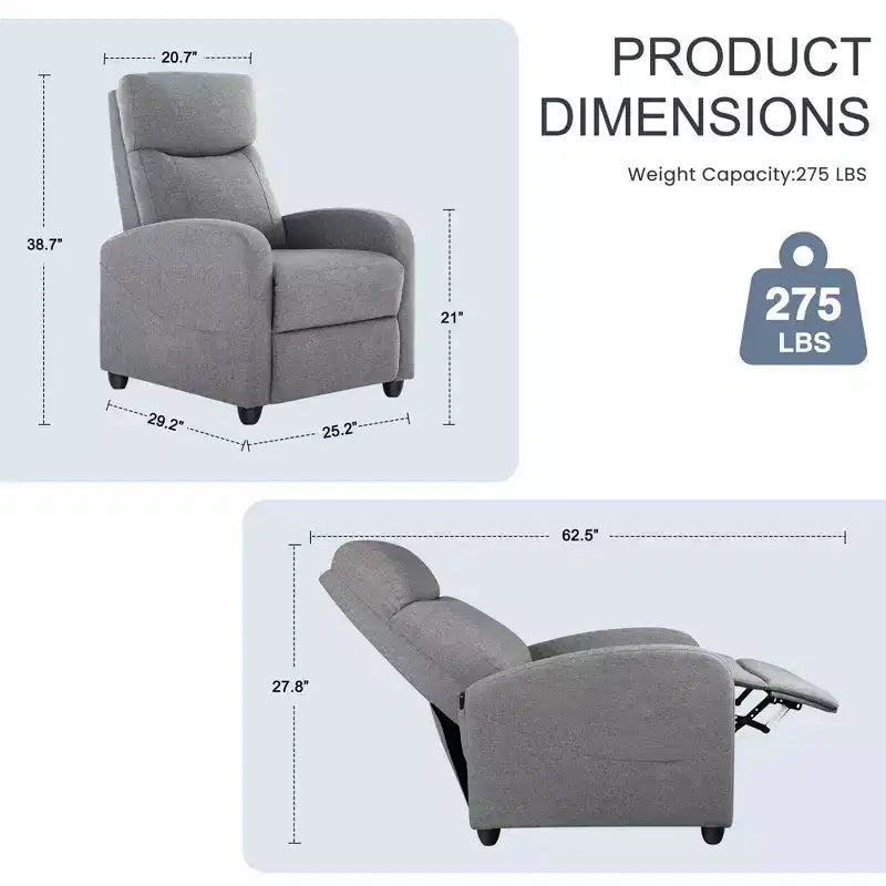 Okak Modern Upholstered Manual Recliner Chair with Adjustable Footrest,Massage/No Massage Sofa Chair with High Backrest