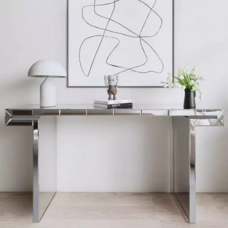 60 Mirrored Console Table with Fluted Glass Accents, Modern Full-Length Entryway Table for Living Room, Hallway or Behind Sofa - Panipeachy