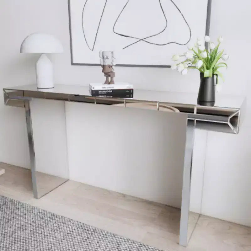 60 Mirrored Console Table with Fluted Glass Accents, Modern Full-Length Entryway Table for Living Room, Hallway or Behind Sofa - Panipeachy
