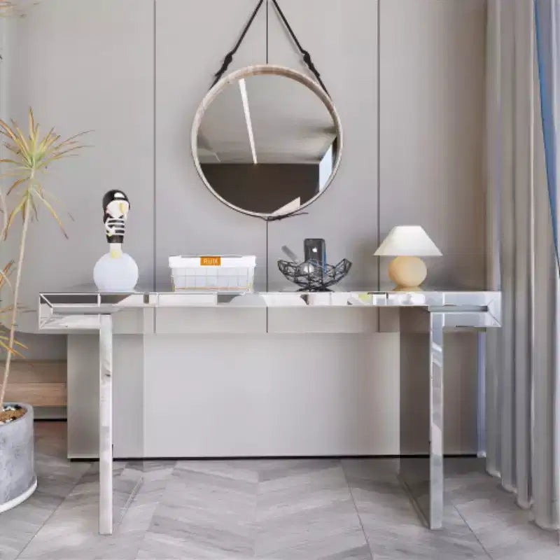 60 Mirrored Console Table with Fluted Glass Accents, Modern Full-Length Entryway Table for Living Room, Hallway or Behind Sofa - Panipeachy