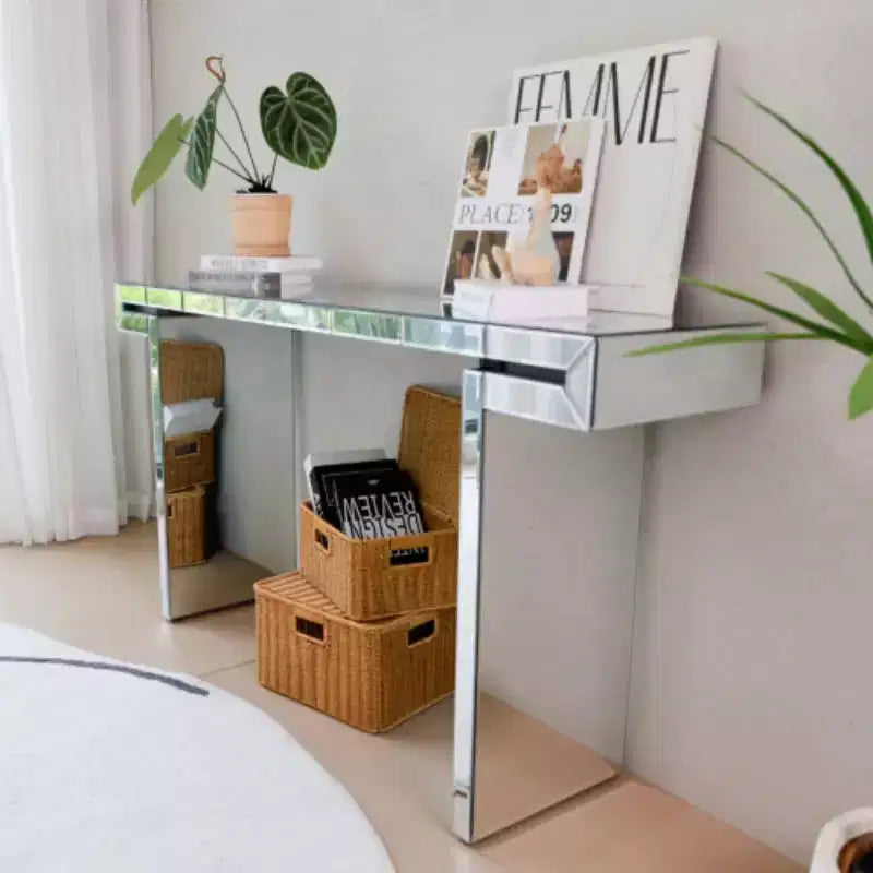 60 Mirrored Console Table with Fluted Glass Accents, Modern Full-Length Entryway Table for Living Room, Hallway or Behind Sofa - Panipeachy