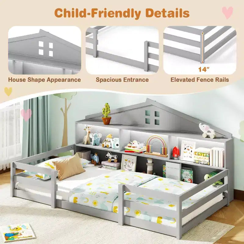 Costway Twin/Full Size Montessori Floor Bed with LED Lights Safety Guardrails Compartments Shelf White/Gray