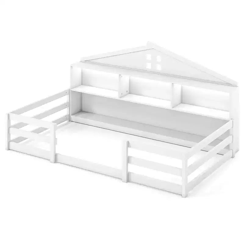 Costway Twin/Full Size Montessori Floor Bed with LED Lights Safety Guardrails Compartments Shelf White/Gray