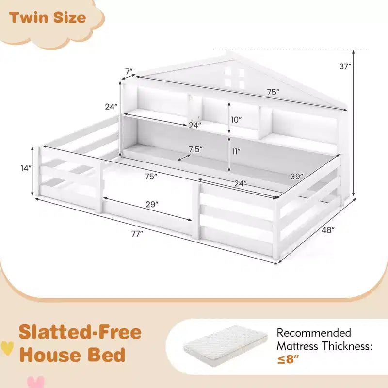 Costway Twin/Full Size Montessori Floor Bed with LED Lights Safety Guardrails Compartments Shelf White/Gray