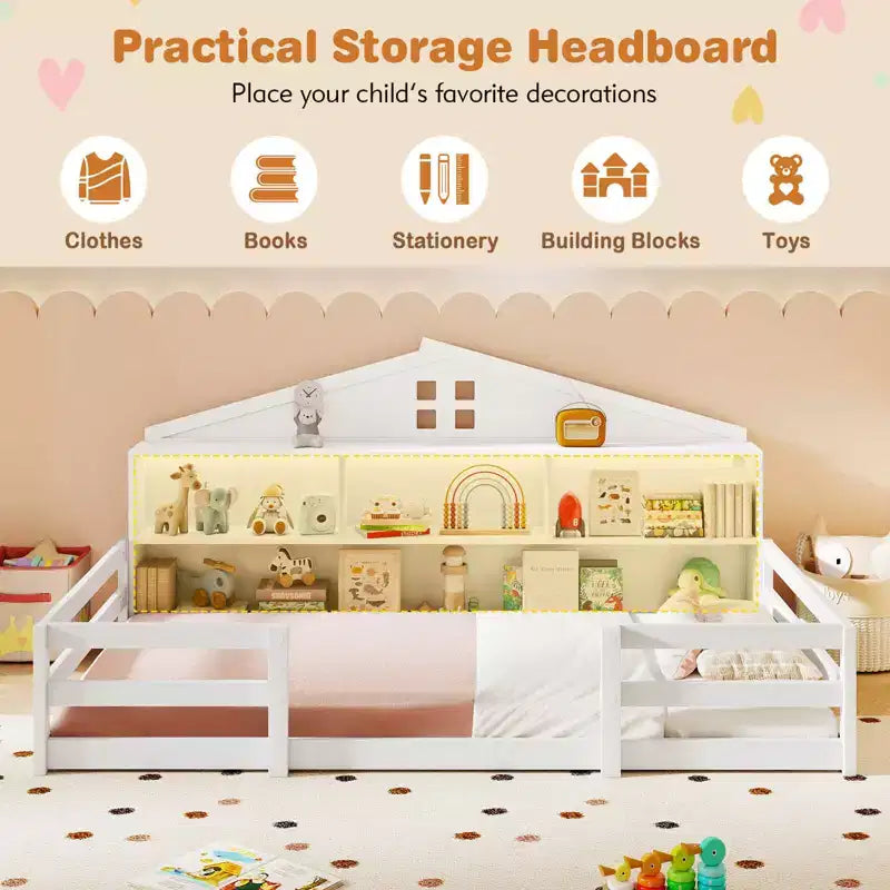 Costway Twin/Full Size Montessori Floor Bed with LED Lights Safety Guardrails Compartments Shelf White/Gray