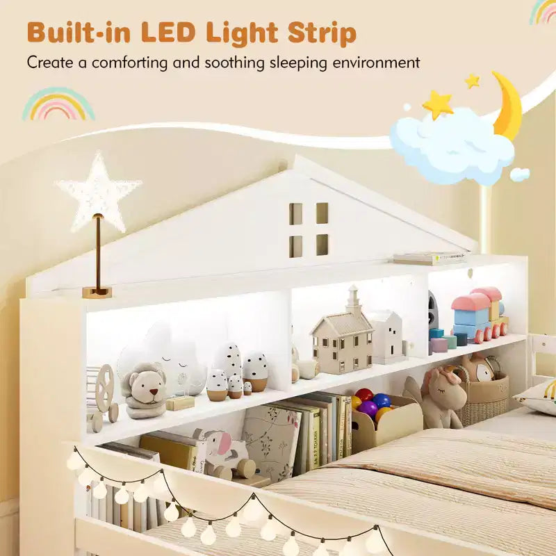 Costway Twin/Full Size Montessori Floor Bed with LED Lights Safety Guardrails Compartments Shelf White/Gray