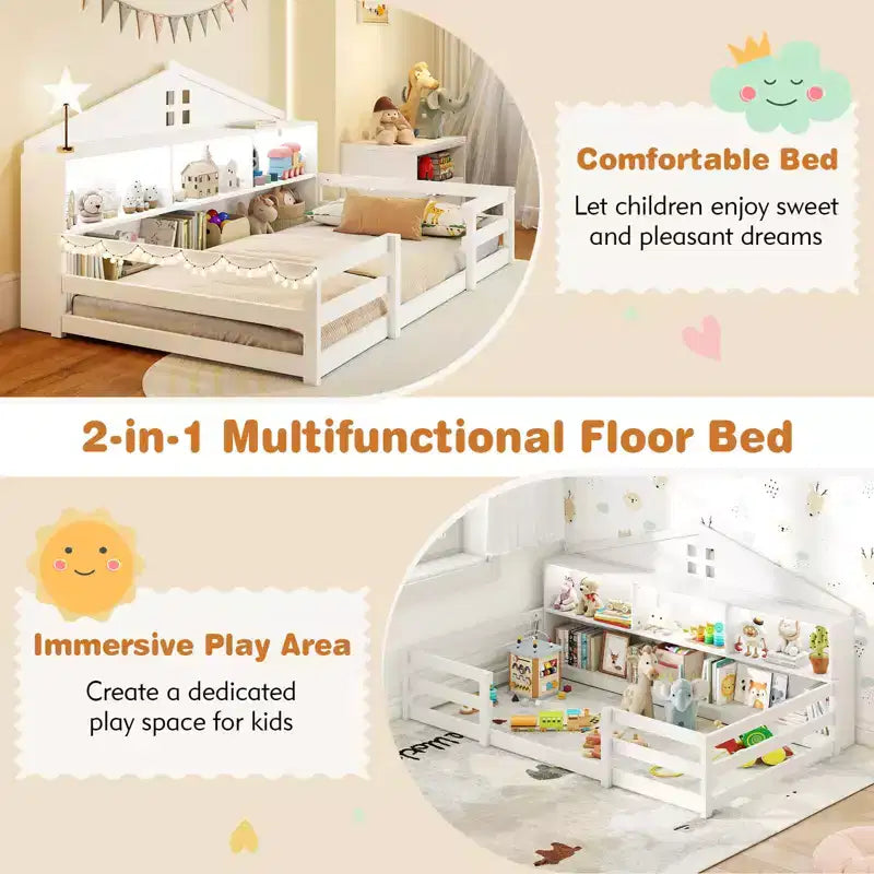 Costway Twin/Full Size Montessori Floor Bed with LED Lights Safety Guardrails Compartments Shelf White/Gray