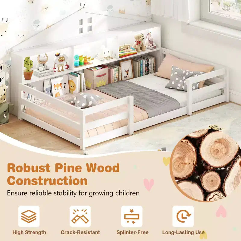 Costway Twin/Full Size Montessori Floor Bed with LED Lights Safety Guardrails Compartments Shelf White/Gray