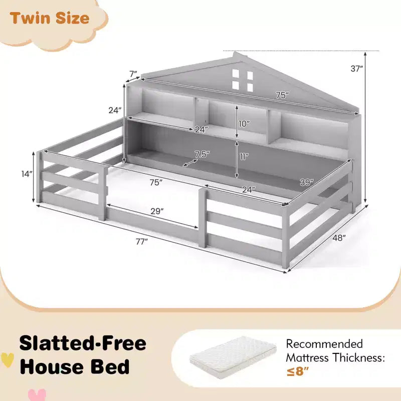 Costway Twin/Full Size Montessori Floor Bed with LED Lights Safety Guardrails Compartments Shelf White/Gray