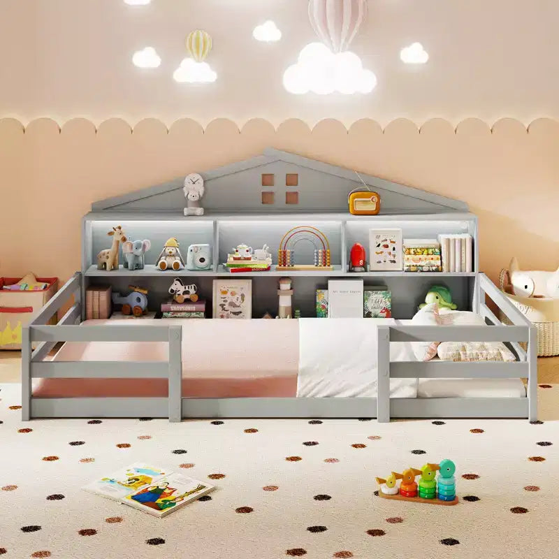 Costway Twin/Full Size Montessori Floor Bed with LED Lights Safety Guardrails Compartments Shelf White/Gray