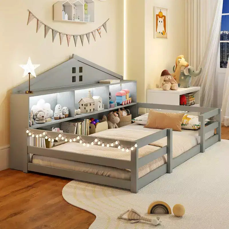 Costway Twin/Full Size Montessori Floor Bed with LED Lights Safety Guardrails Compartments Shelf White/Gray