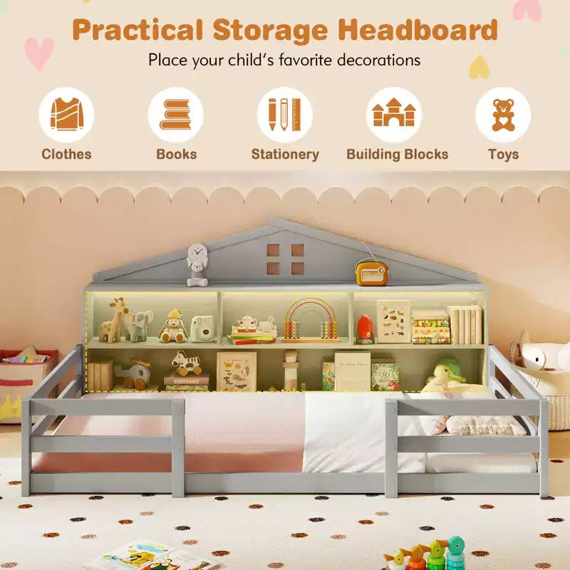 Costway Twin/Full Size Montessori Floor Bed with LED Lights Safety Guardrails Compartments Shelf White/Gray