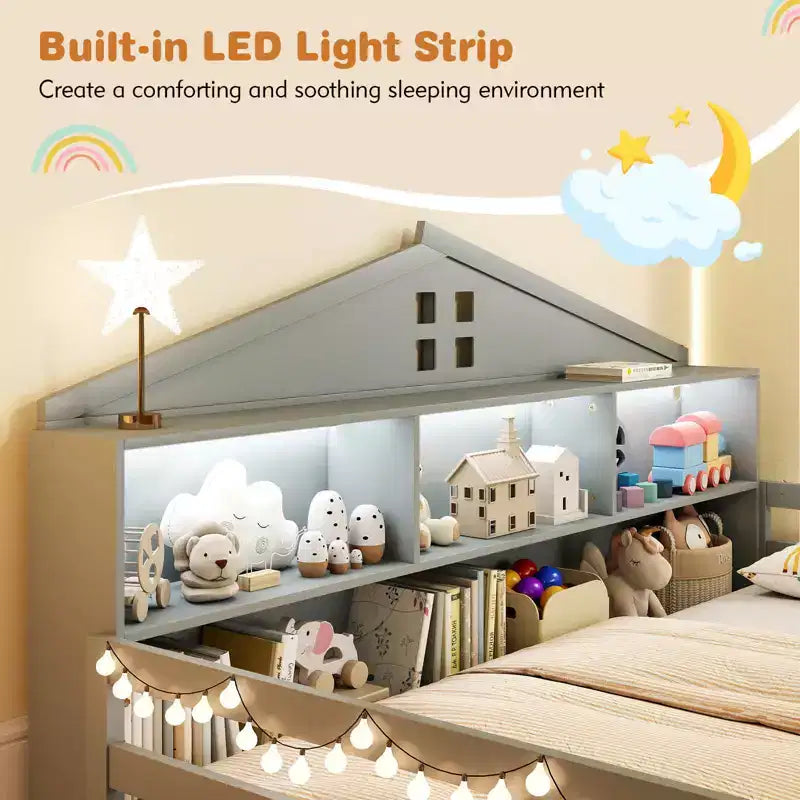 Costway Twin/Full Size Montessori Floor Bed with LED Lights Safety Guardrails Compartments Shelf White/Gray