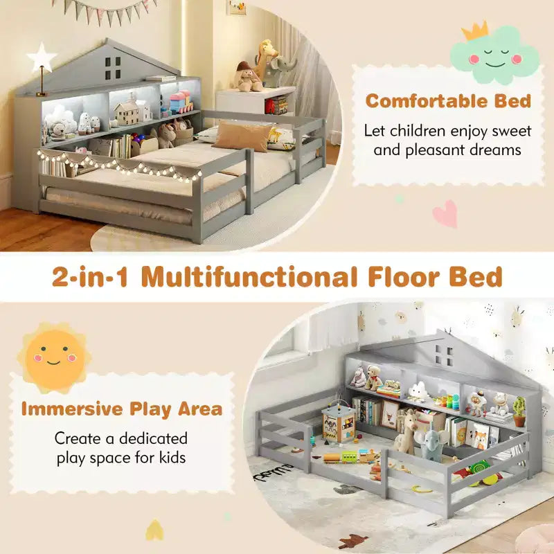 Costway Twin/Full Size Montessori Floor Bed with LED Lights Safety Guardrails Compartments Shelf White/Gray