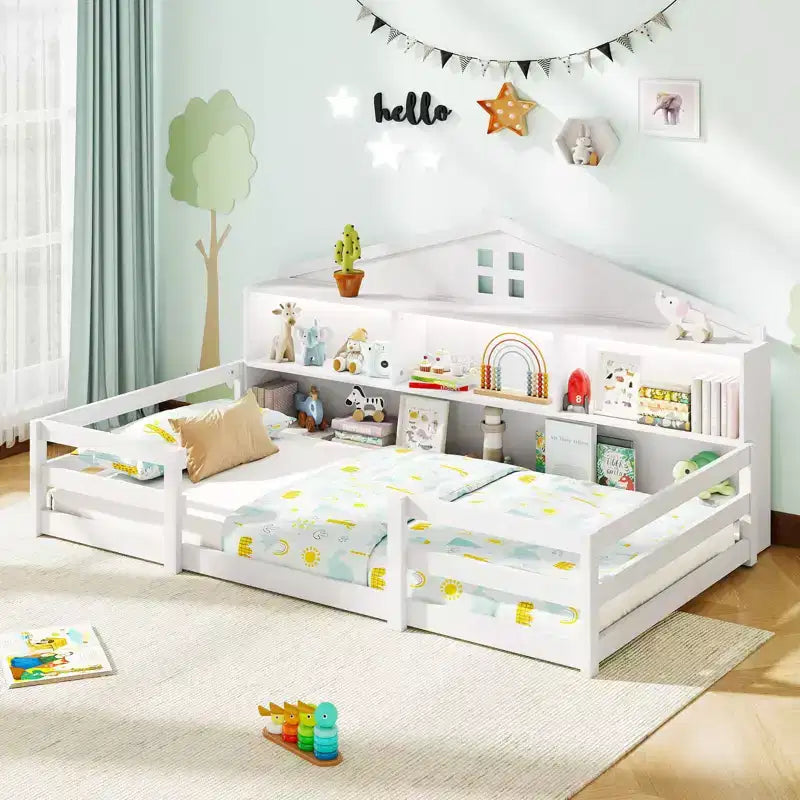 Costway Twin/Full Size Montessori Floor Bed with LED Lights Safety Guardrails Compartments Shelf White/Gray