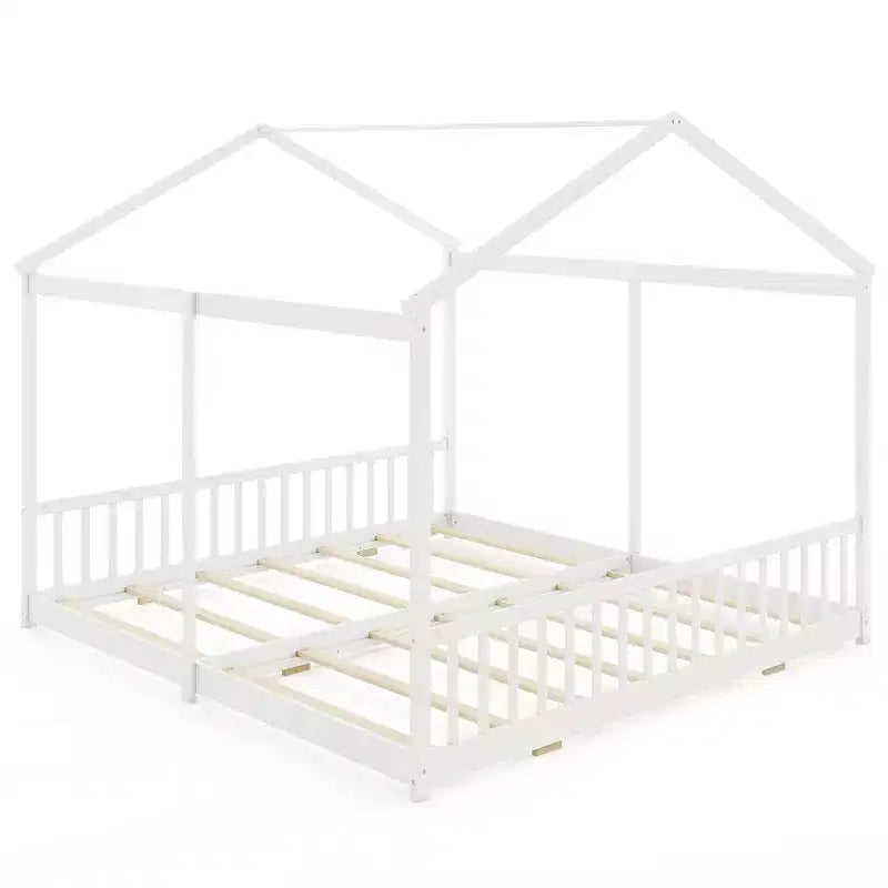 Costway Double Floor Bed w/ Safety Guardrails No Box Spring Needed for Teens Boys Girls White