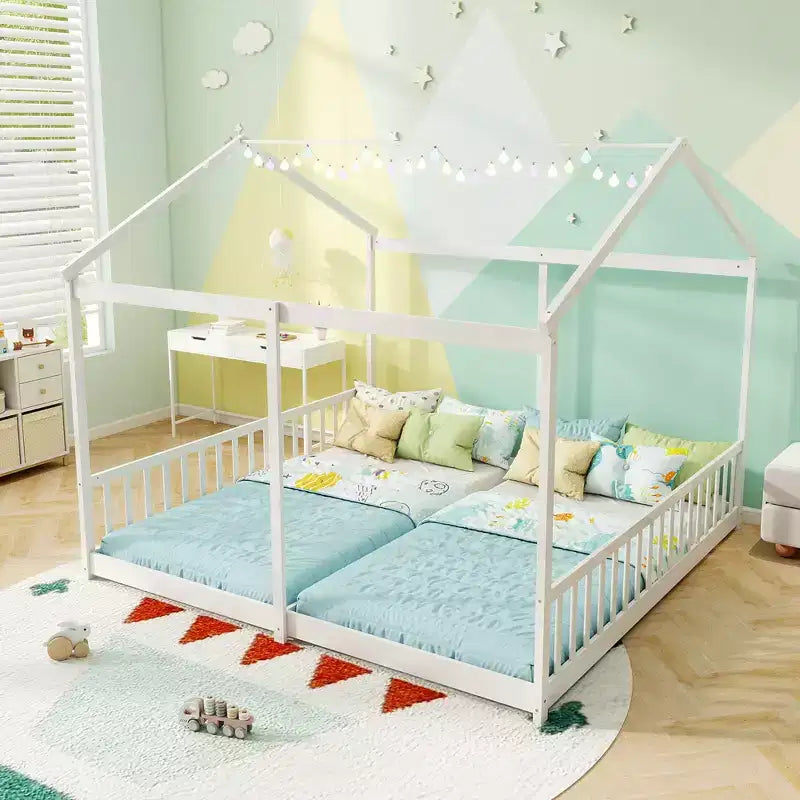 Costway Double Floor Bed w/ Safety Guardrails No Box Spring Needed for Teens Boys Girls White