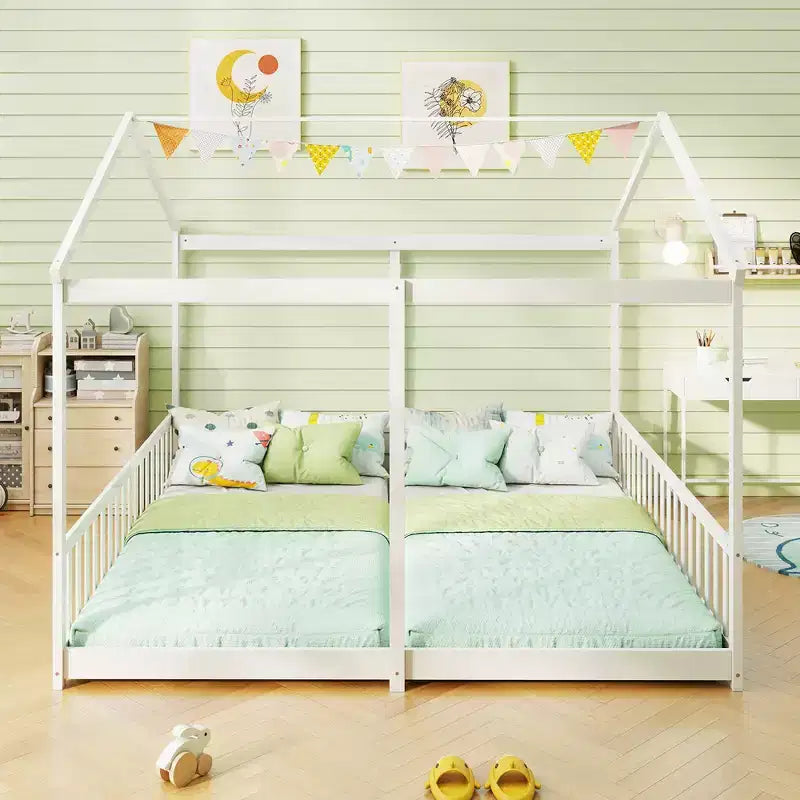 Costway Double Floor Bed w/ Safety Guardrails No Box Spring Needed for Teens Boys Girls White