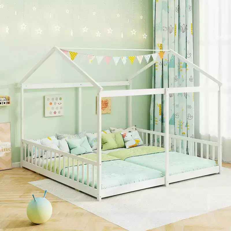 Costway Double Floor Bed w/ Safety Guardrails No Box Spring Needed for Teens Boys Girls White